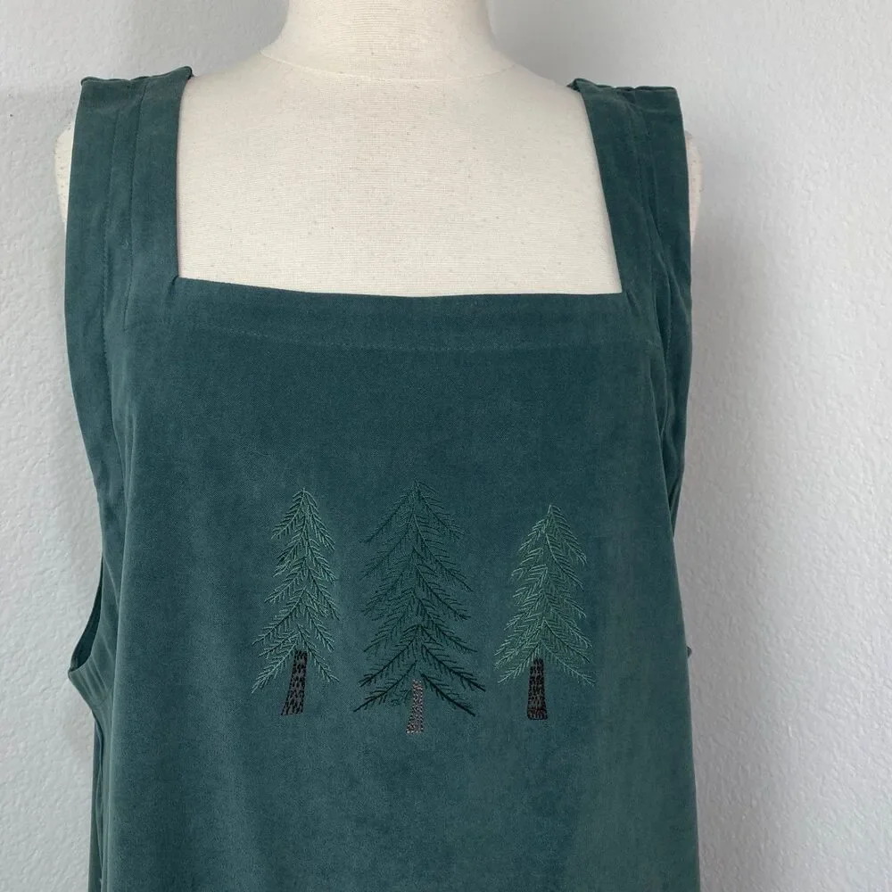 CJ Banks Forest Green Maxi Jumper Dress 14W Pocket Embroidery Trees Dark Academa